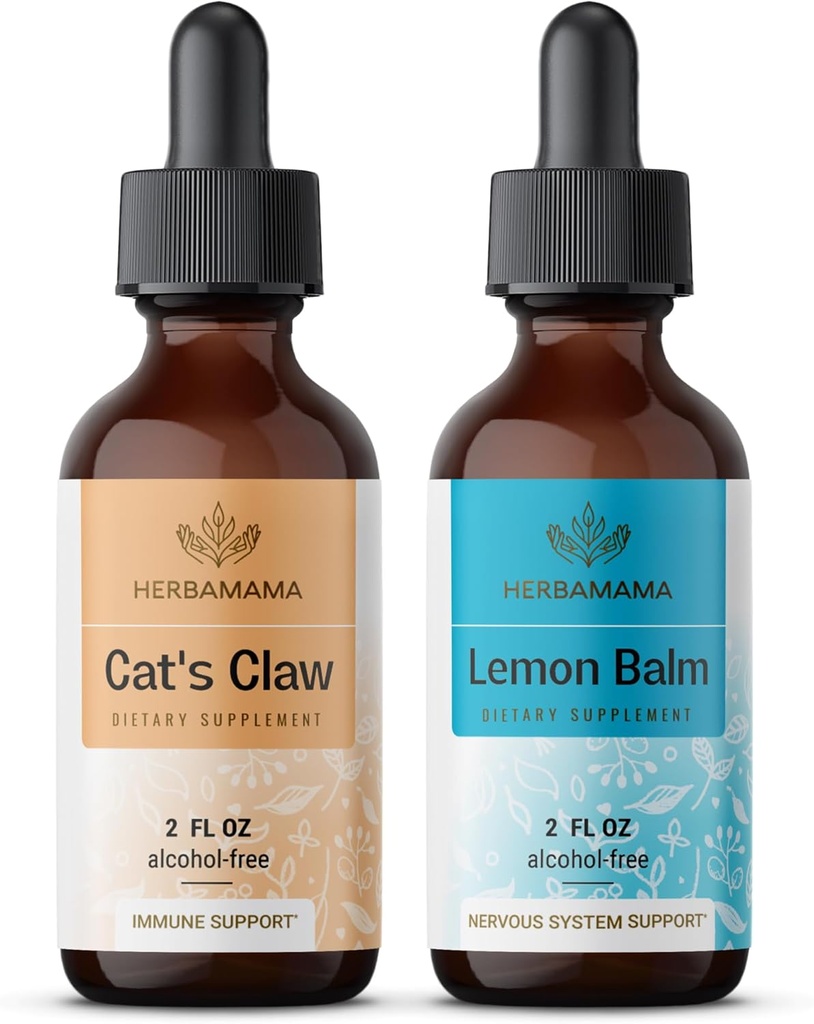 Herbamama Liquid Drops Kit - Cat Claw özü 2 fl oz və Limon Balm Tincture 2 fl oz - Vegan Herbal Supplement Ekstraktı - GMO, Sugar & Alkol-Free - 2 Pack