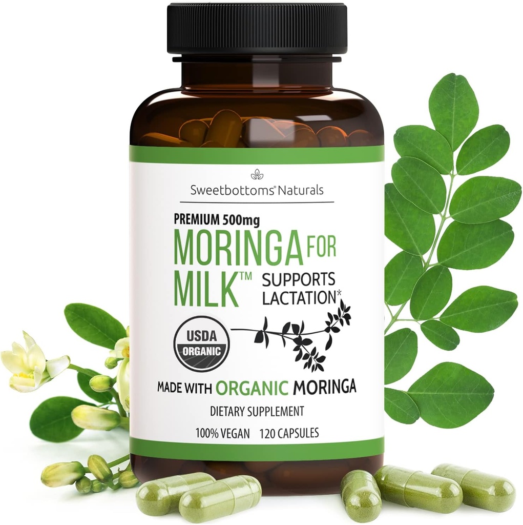 Lactation Supplement - Bio Moringa Kapseln für Stillen Unterstützung zur Erhöhung der Brustmilchversorgung (120 ct) Pure Malunggay Blatt Pulver für Milchproduktion Booster & Postnatal Vitamine A E K 500mg