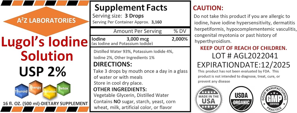 A2Z Organic Lugol's Iodine and Potassium Iodide 2% Solution 3000 mcg - Liquid Supplement Drops for Thyroid Support for Women & Men, Metabolism Health, Detox Boost -16 Fl Oz/USA/Ships Today! (1)
