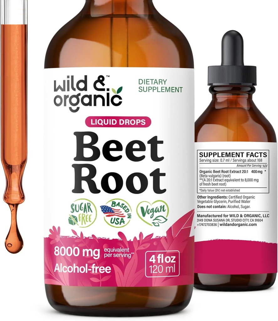 Wild & Organic Beet Root Extract Drops - 8000 mg Fresh Beetroot Equavalen - Extract 20: 1 - Liquid Red Beets Suplemen - 400 mg per Serving - Vegan, Alkohol & Sugar- Free - 4 fl oz