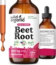 Wild & Organic Beet Root Extract Drops - 8000 mg Frisk Beetroot Ekstrakt Ekvivalent - Ekstrakt 20:1 - flytende røde betes Kosttilskudd - 400 mg per servering - Vegansk, alkohol & sukker-fri - 4 fl oz