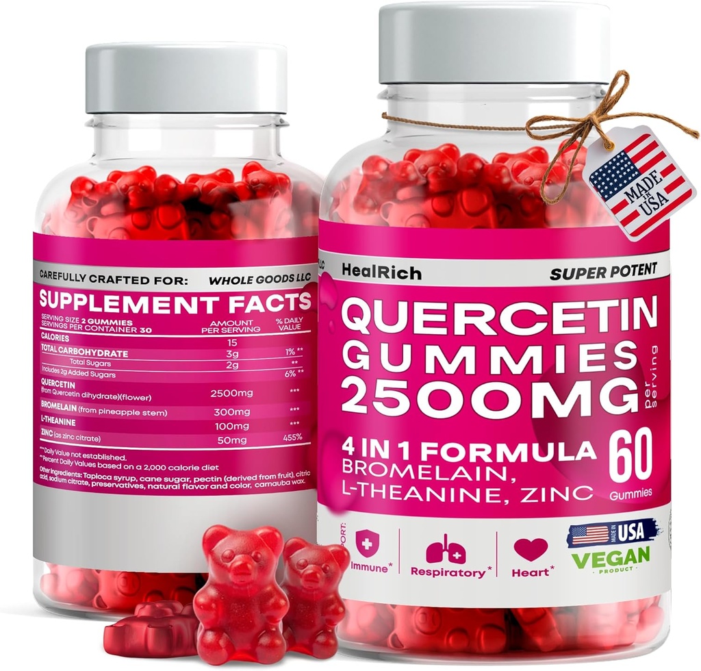 Quercetin Gummies - 2500MG with Bromelain, L-Theanine & Zinc Vegan Immune Support Supplement for Kids & Adults - Allergy Relief & Lung Health