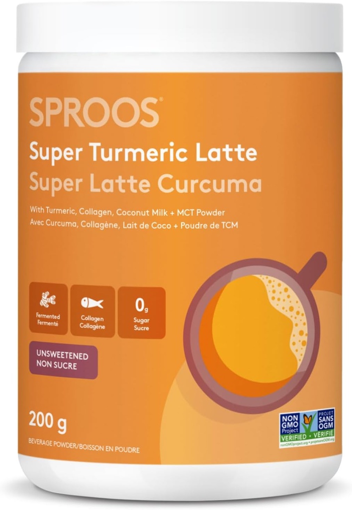 SPROOS Super Turmeric Latte | Organic Turmeric + Marine Collagen, MCT Powder, Organic Coconut Milk Powder, Fermented Turmeric & Spices | Unsweetened, Keto-Friendly & Dairy-Free | Tub 200 g