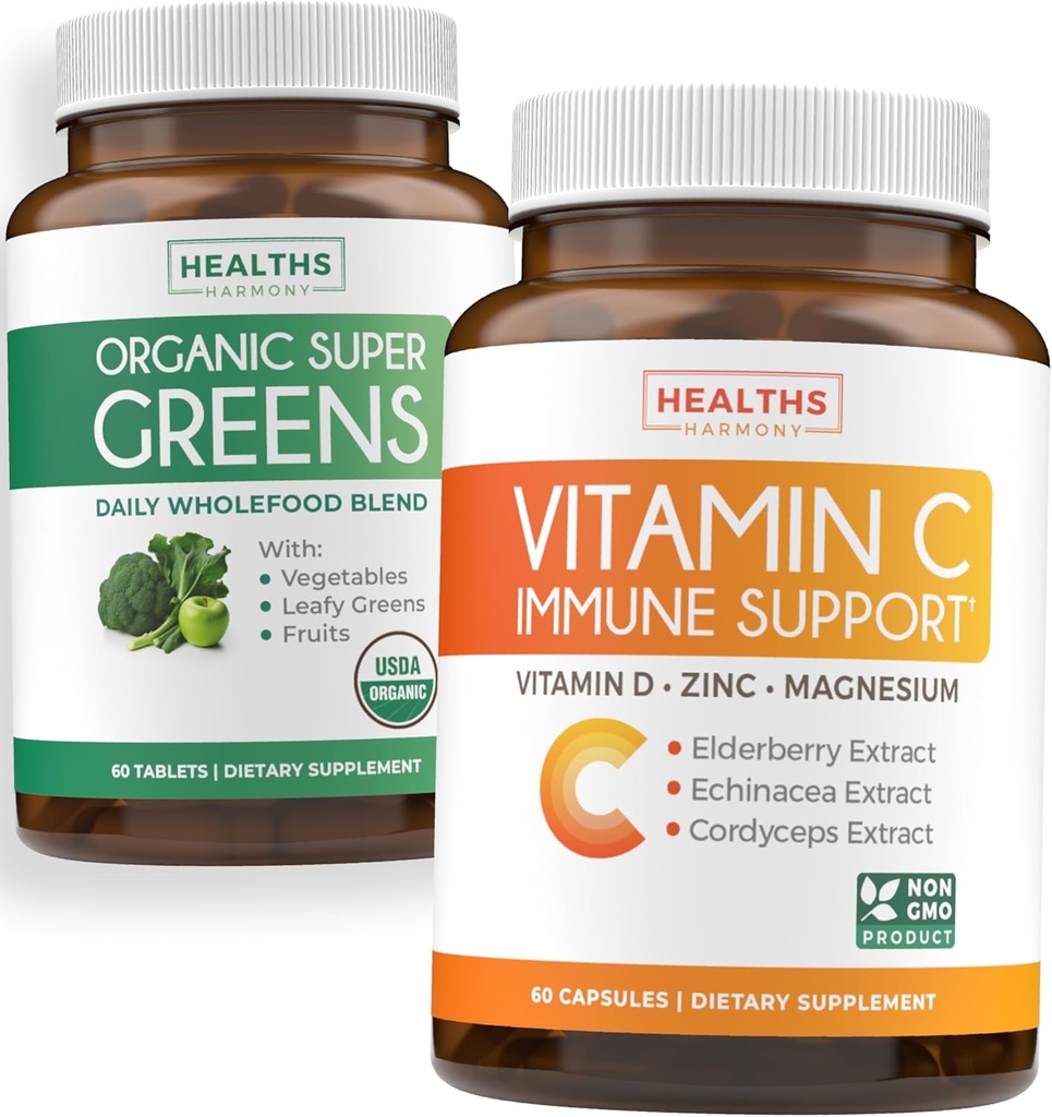 Super Greens & Vitamin C (1-Month Supply) Greens & C Synergy Bundle of Organic Super Greens Powder - Complete Superfood (60 Capsules) & & Vitamin C Immune Support (60 Vegetarian Caps)(Non-GMO)