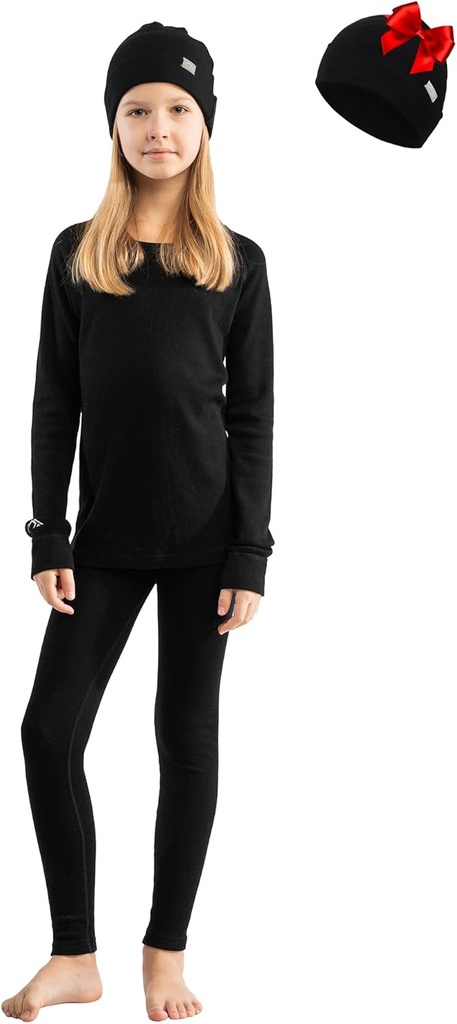 Merino Wool Base Layer Kids Set - Uşaqlar Top, Alt, Cuff Beanie