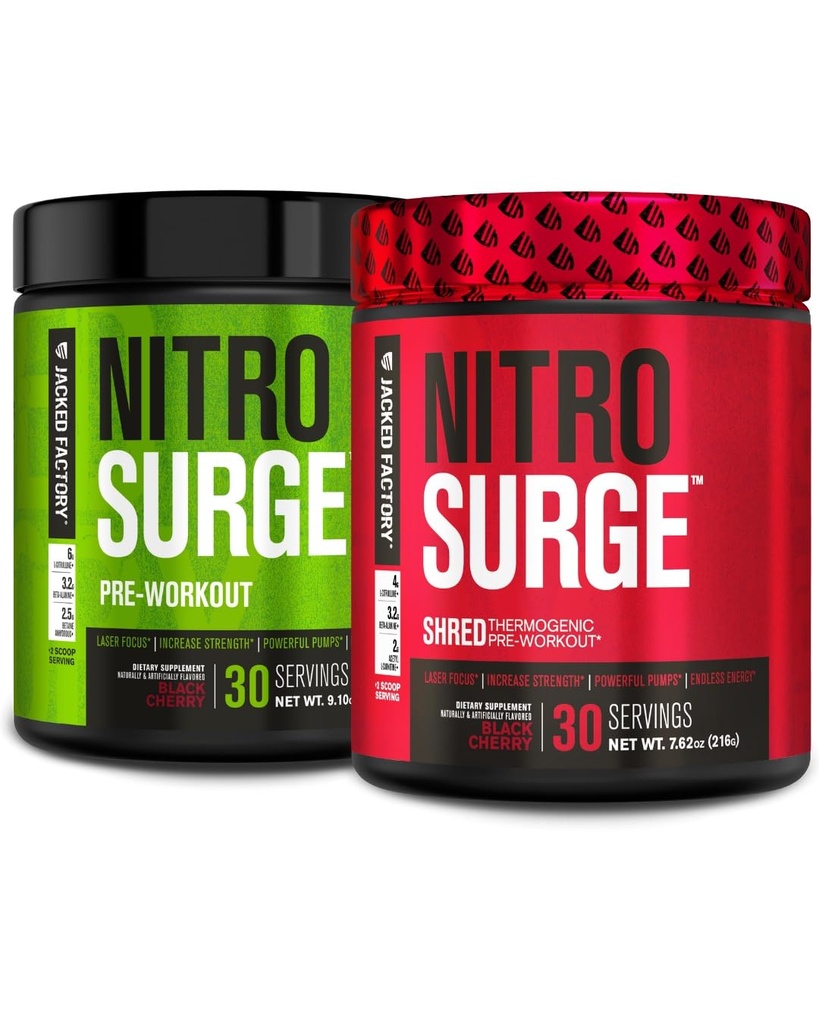Jacked Factory Nitrosurge Pre-Workout in Black Cherry & Black Cherry Nitrosurge Shred Thermogenic Pre-Workout for Men & Women