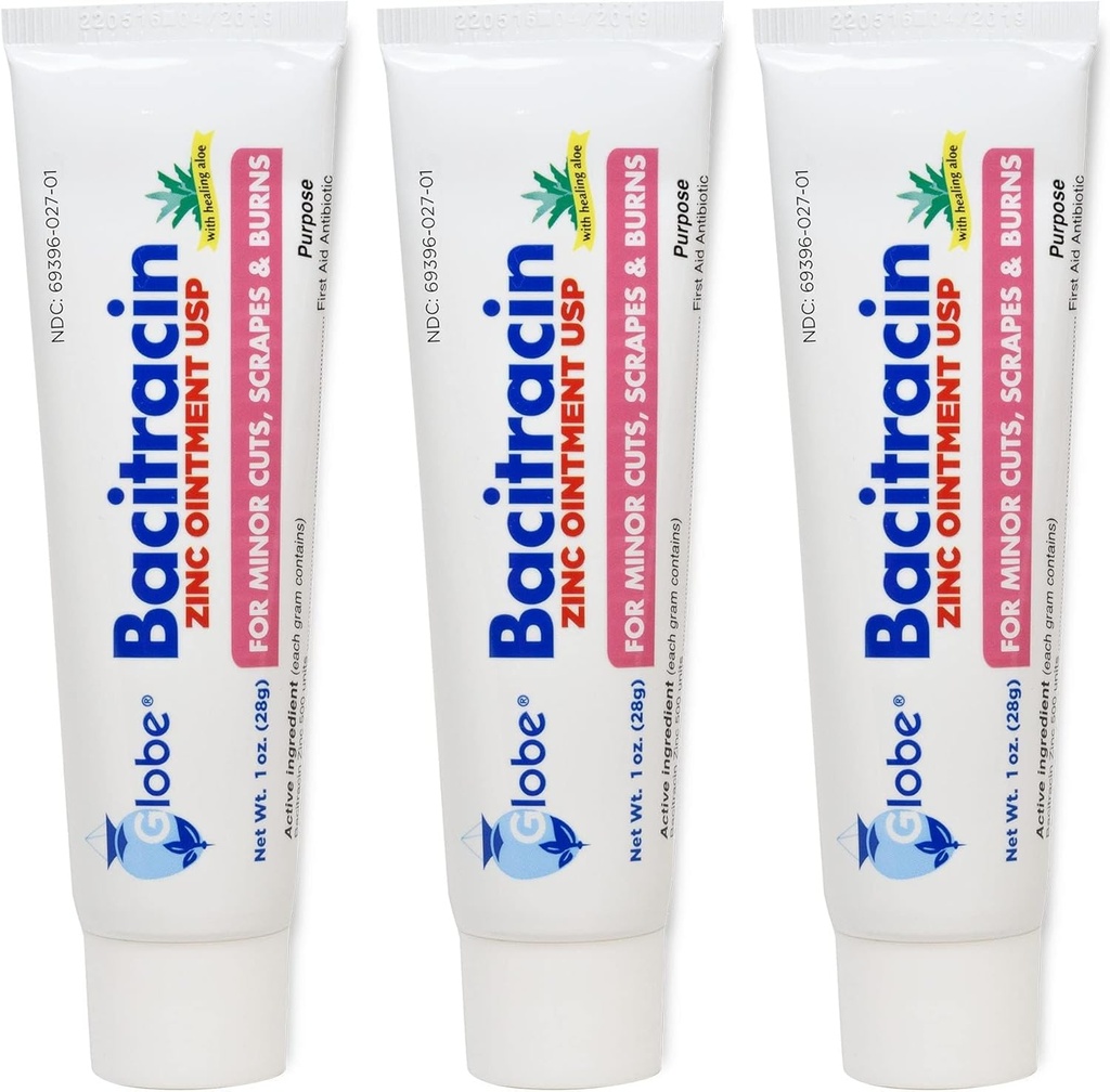 Globe (3 Pack) Bacitracin Zinc Ointment + Aloe 1oz - Maximum Strength Antibiotic for Wound Healing - Topical Medicated Solution for Cuts, Burns, Scrapes - Skin Infection & First Aid Essentials