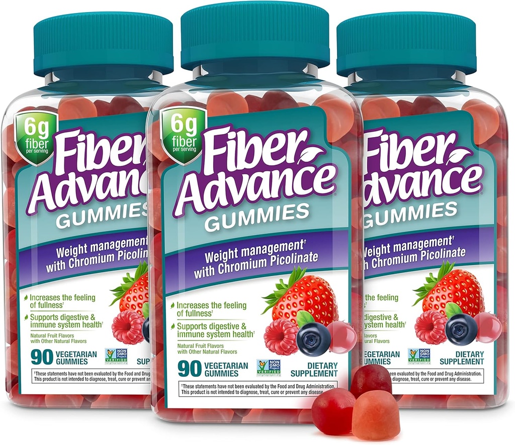 Fibre Avance Weight Management Gummies (fibre 100% végétale pour le bien-être digestif et la santé des guts) Picolinate de chrome pour le soutien de la gestion du poids (3-Pack)