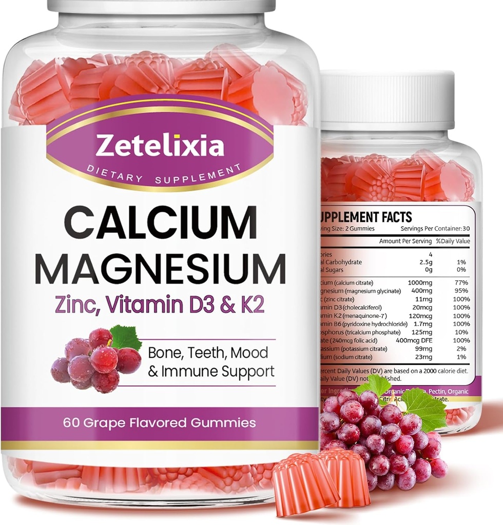 Calcium Gummies, Calcium Magnesium Zinc with Vitamin D3 & K2, Calcium Magnesium Supplement for B0nes Muscles, Grape Flavor - 120 Count