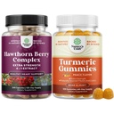 Bundle of High Strength Hawthorn Berry Capsules with Leaf & Flower Extract 4:1 for Healthy Heart & Digestion and Turmeric Gummies Peach Flavor with Turmeric Curcumin Black Pepper Extract Ginger