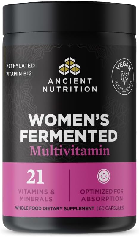 Ancient Nutrition Multivitamiin naistele, Naiste Fermenteeritud Multivitamiinid C-, D-, K-, Tsink & Magneesium, Immune Support, Vegan, 60 Ct
