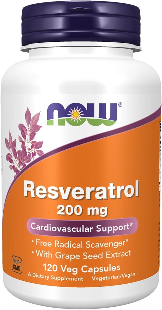 NOW integratori, Resveratrolo naturale 200 mg con estratto di vino rosso, 120 capsule di veg
