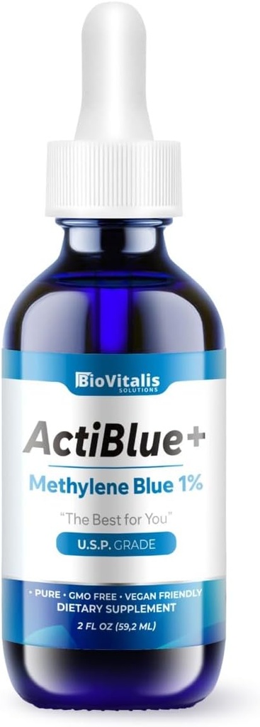 Actiblue+ Methylen Blue 1% : Methylen Blue ISO Certified Third Party Lab Tested 99,9% No Formaldehyd No Alkohol No Gluten&GMO(2Fl. Oz)
