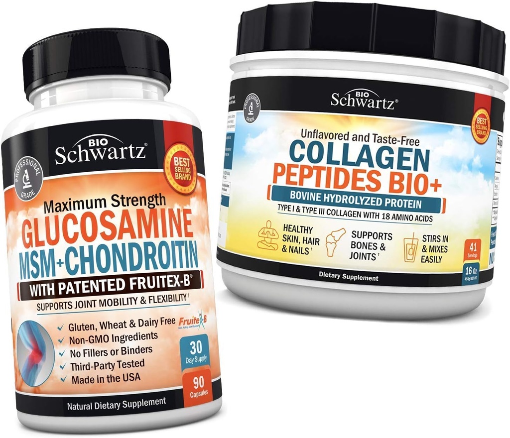 BioSchwartz Glucosamine Chondroitin MSM + 교원질 펩티드 분말 - 건강한 뼈 & 합동 지원 - 융통성 & 지원 연약을 승진시킵니다