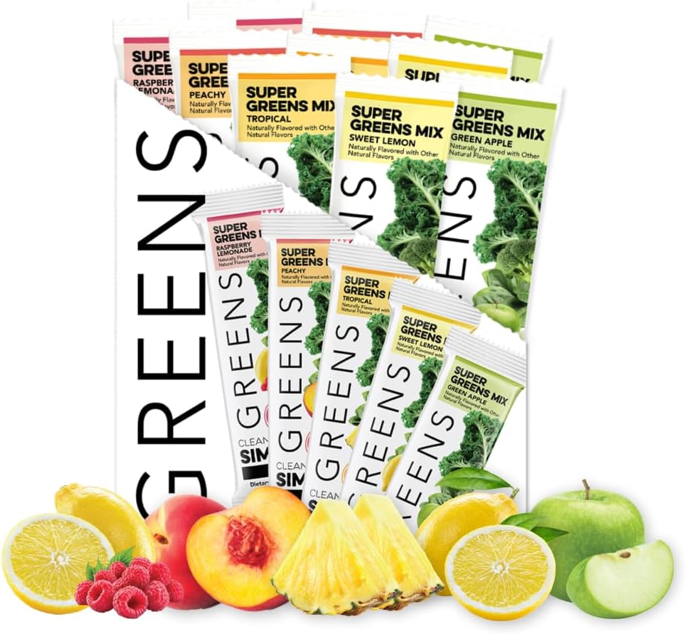 Clean Simple Eats Greens Variety 10 Pack, Greens Powder Mix, Packed with Superfoods Chlorella & Spirulina, Include 5 arome delicioase: Peachy, Green Apple, Raspberry Lemonade, Sweet Lemon & Tropical