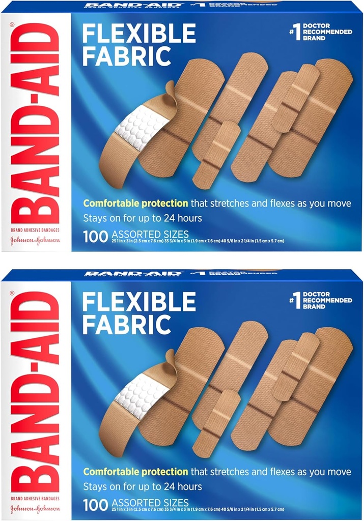 BAND-AID zīmols Elastīgs Fabric Adhesive Bandages with Memory-Wave Fabric, Quilt-Aid Comfort Pad & Hurt-Free Pad; Brūces aprūpe maziem izcirtņiem, skrepes, & Brūces, Asorti Izmēri, 2 x 100 Skaits