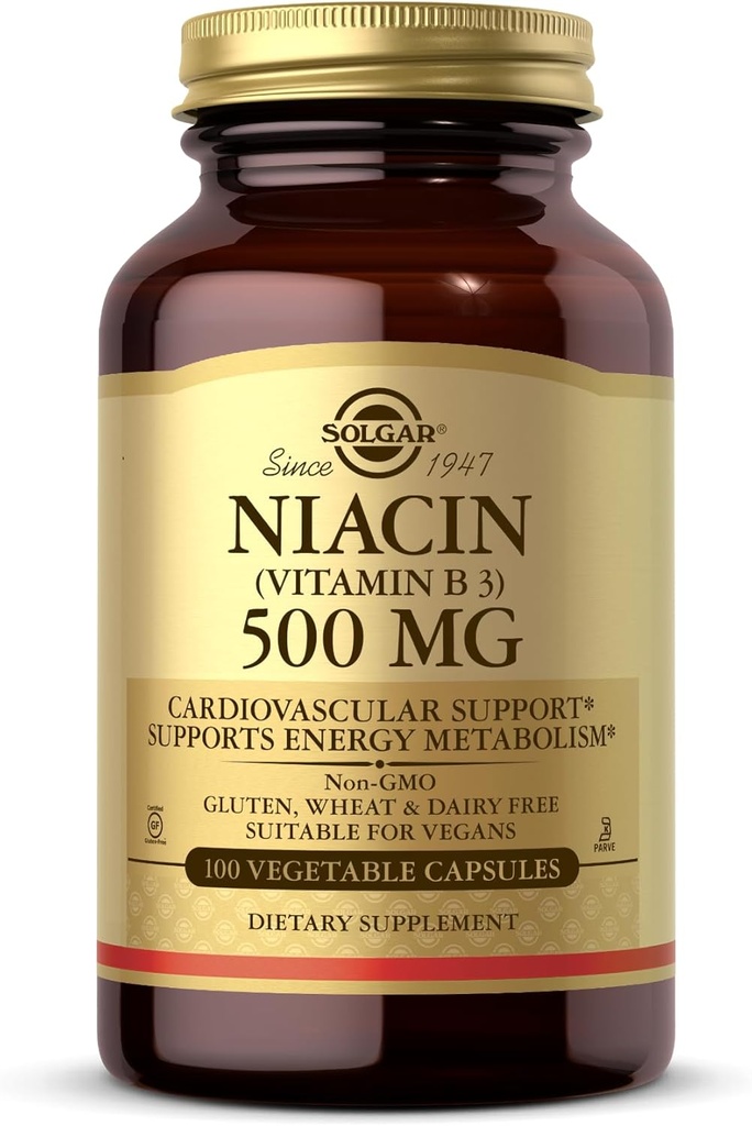 Solgar Niasin (Vitamin B3) 500 mg, 100 Vegetable Capsules - Energy Metabolisme - Non-GMO, Vegan, Gluten Free, Dairy Free, Kosher - 100 pelayan