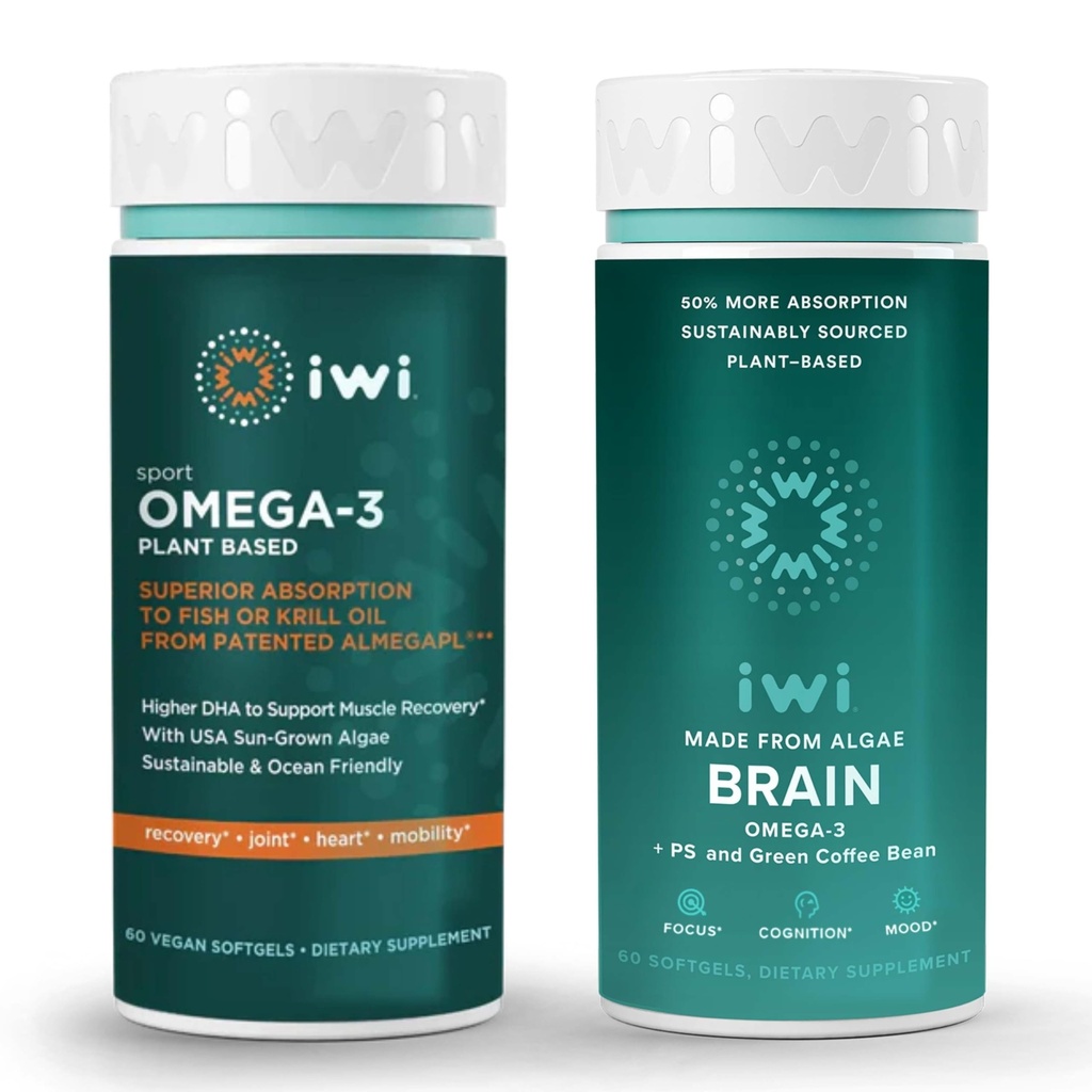 iwi Omega-3 Sport & Brain Omega-3 Bundle, 30 Servings, Vegan Plant-Based Algae Omega 3 with EPA + DHA, Krill & Fish Oil Alternative, No Fishy Aftertaste