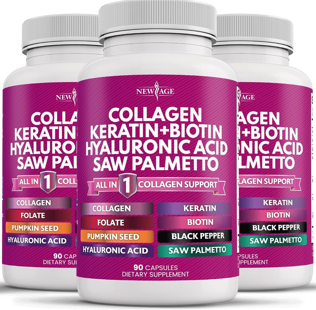 NEW AGE Collagen таблетки Biotin Keratin Saw Palmetto Hyaluronic Acid- Вітамін Е Folic Acid Pumpkin Seed MSM- 270 Count
