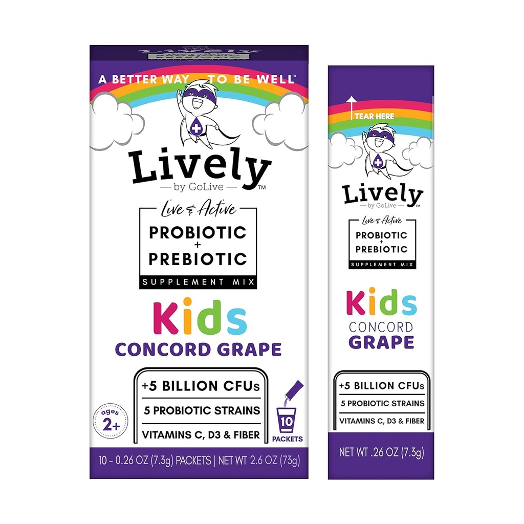 Lively (por GoLive) KIDS CONCORD GRAPE Synbiotics (Probióticos + Prebióticos); 5 cepas clínicas; +5 Billion CFUs. Probióticos e prebióticos KIDs para a dixestión, metabolismo, inmunidade. (10 paquetes)