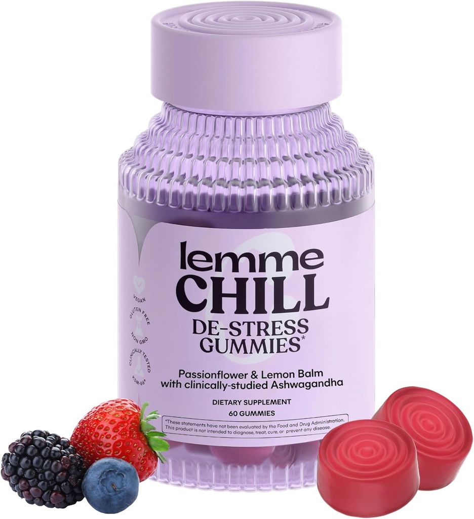 Lemme Chill Stress Relief Gummies con 300mg KSM-66 Ashwagandha, Lemon Balm, Passionflower & Goji para apoiar a relaxación, Cortisol saudable e sono - Gluten-Free, Non-GMO, Mixed Berry (60 Count)