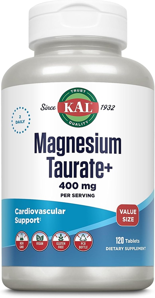 KAL Magnesium Taurate 400 mg Plus B6-vitamiini, kelated magnesium Supplement, suuri imeytyminen Magnesium Complex, Lihas-ja sydänterveyden tuki, Vegan, Gluteeniton, 60 päivän takuu, 60 Serv, 120 Tabs