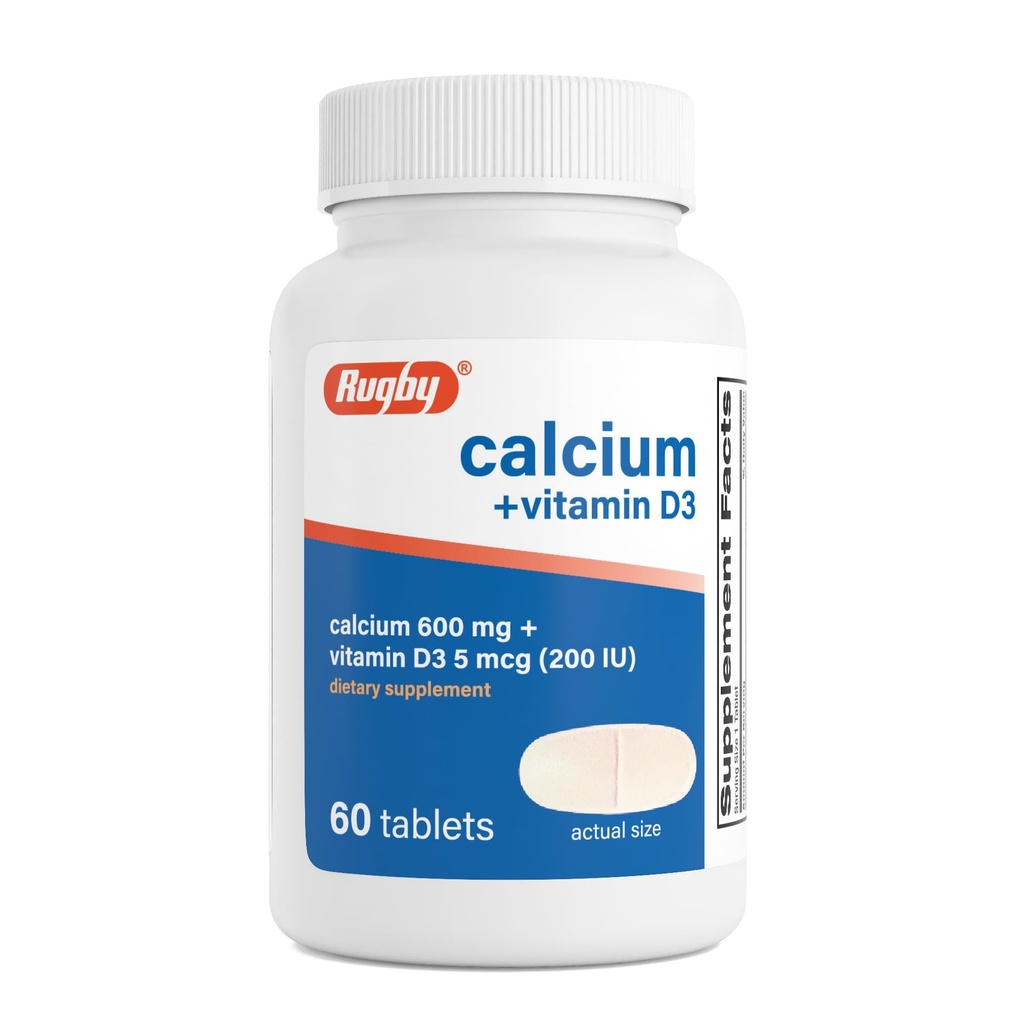 Rugby Calcium 600 mg Tablets with Vitamin D3 200IU (5 mcg) - Gluten-Free Daily Vitamin D Dietary Supplement for Bone Health and Calcium Absorption, 60 Count (1 Pack)
