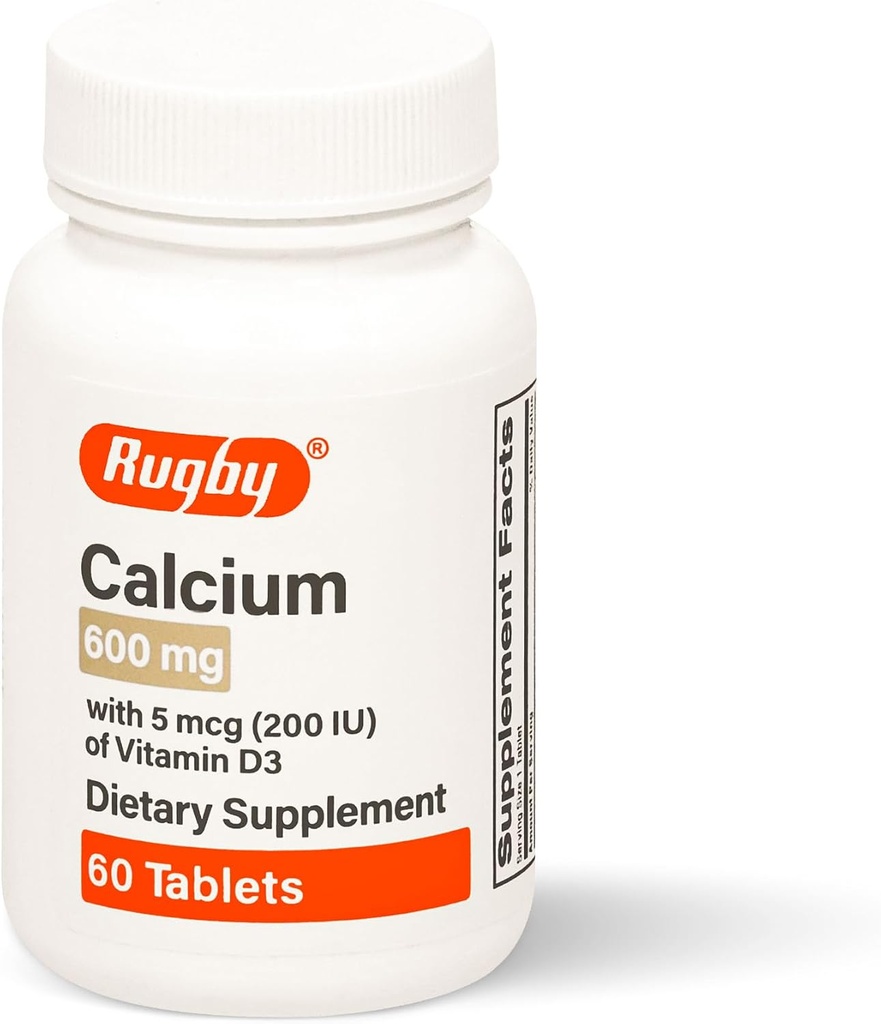 Rugby Calcium 600 mg tabletid vitamiin D3 200IU (5 mcg) - gluteenivaba päevane D-vitamiini toidulisand luu tervise ja kaltsiumi imendumiseks, 60 loend (1 pakend)