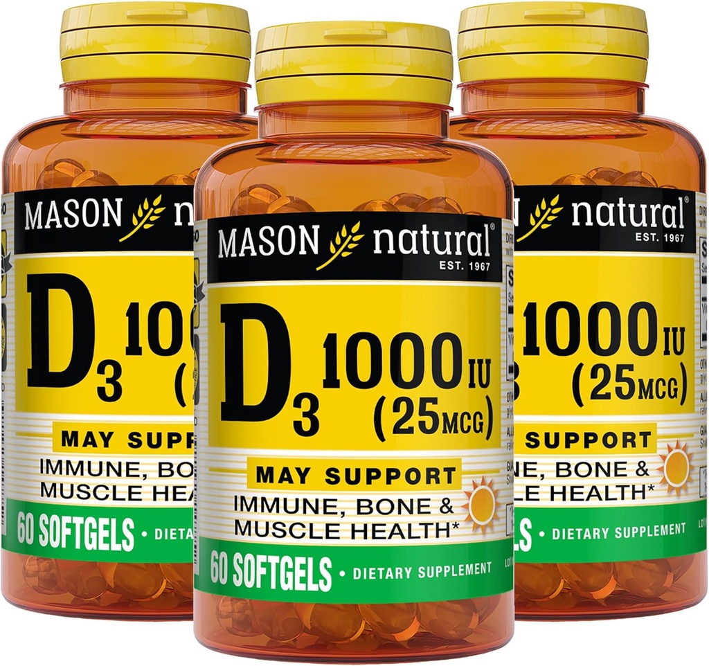MASON NATURAL Vitamina D3 25 mcg (1000 UI), Apoio Ósseo e Imune, do óleo de fígado de peixe, 60 Softgels (Pacote de 3)