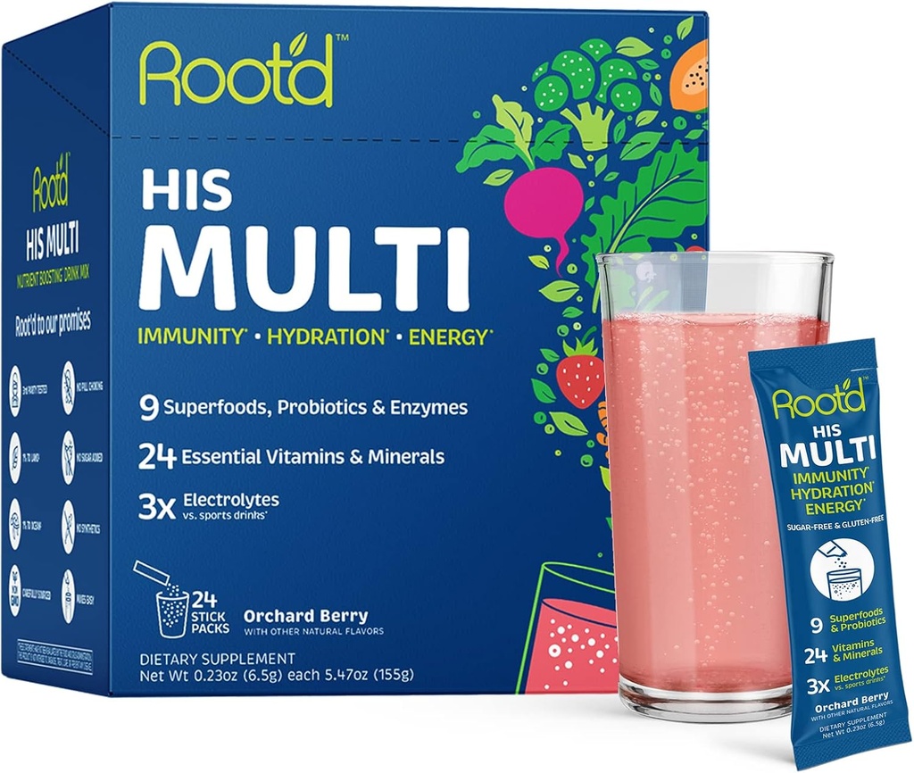 Root'd Multivitamin Powder with 3X Electrolytes for Men - 24 Vitamins & Minerals, 3X Electrolytes, 9 Organic Superfoods, Probiotics & Enzymes, Sugar-Free Multivitamin & Hydration | 24 Packets