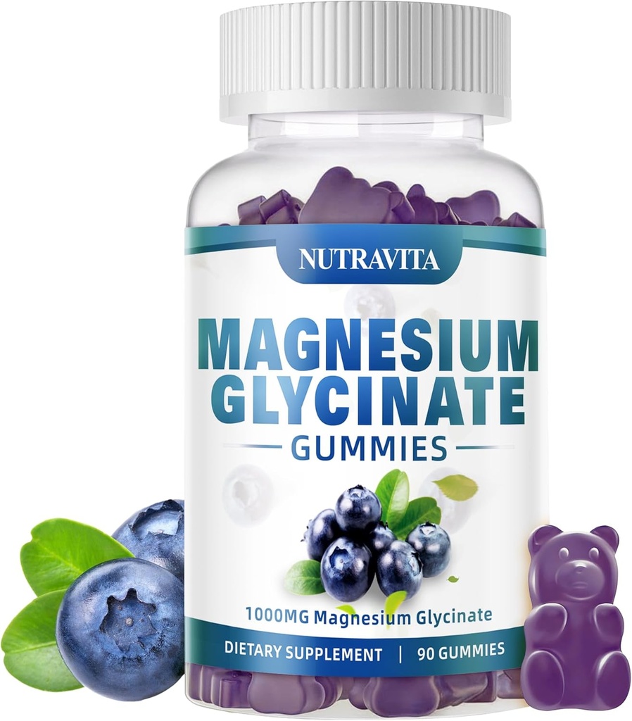 Magnesium Glycinate Gummies 1000 mg magnesium L-treonaatti, kuorittu magnesium Kalium Complex täydentää VitD, B6, CoQ10, kalsium, tuet muisti, rauhallinen, Mieliala - 90 Gummies Mustikka