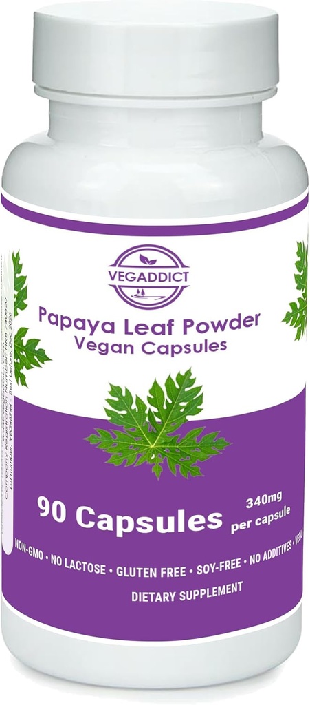 Papaya Leaf Powder | 340mg Capsules | ethycally sourced | Platelet Support | Gluten & Lactose Free | Soy-Free | No Additives | Non-GMO | Vegan | Nutritional Supplement | Dietary Supplement (90X)