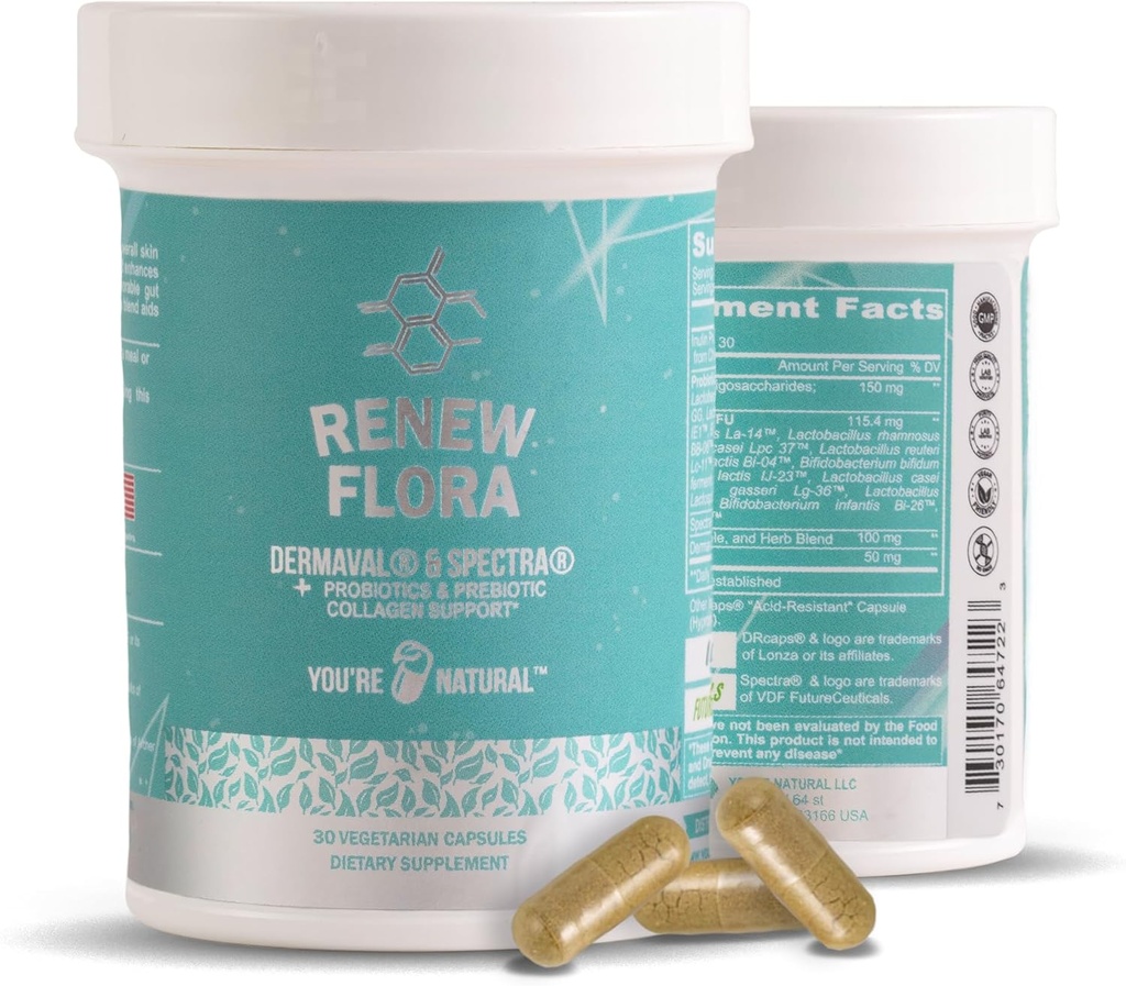 Renew Flora - Advanced Collagen & Skin Support - Antioxidant Plus Digesztikus enzimek és Gut Support for Women & Men with Clinical Studies - Lactobacillus és 12 Regisztrált probiotikumok - 30 napos ellátás
