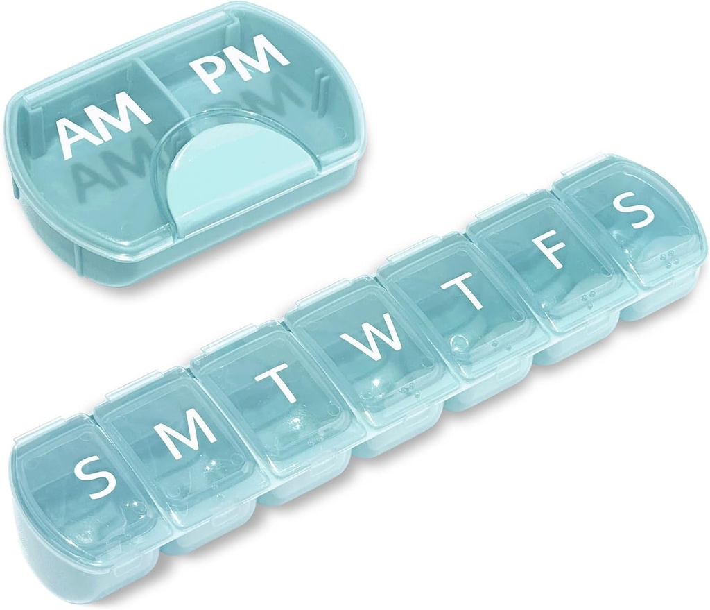 2 Pack (Semaine et jour), 2 fois par jour (AM/PM) + Organisateur de pilules de 7 jours, planificateur de vitamines, coffret à pilules de grande capacité, cas de pilules de voyage pour médicaments/vitamines/huiles de poisson/compléments, bleu