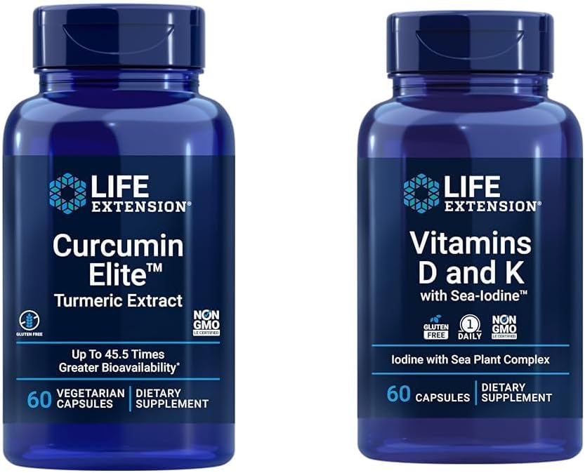 Life Extension Curcumin Elite Turmeric Erauzketa, hanturazko erantzun osasuntsu bat eta D bitamina eta K Itsasoko Iodoarekin, D3 bitamina, K1 bitamina eta K2