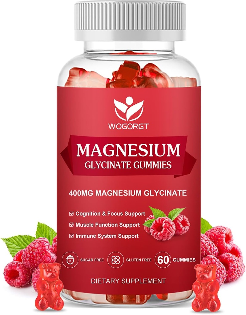 400mg Gummies de glicinato de magnésio com malato de magnésio 200mg, vitamina D, B6 e CoQ10, suplemento de glicinato de magnésio para relaxamento e cognição, sem açúcar, flavor de framboesa - 60 chicletes