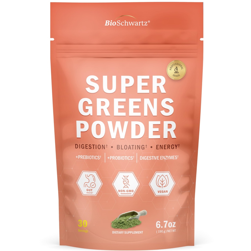 BioSchwartz Greens Powder Super Greens with Probiotics, Prebiotics, Digestive Enzymes & 43 Green Superfoods - Chlorophyll, Bilberry, Chlorella, Spirulina - Tastes Amazing - 30 Servings