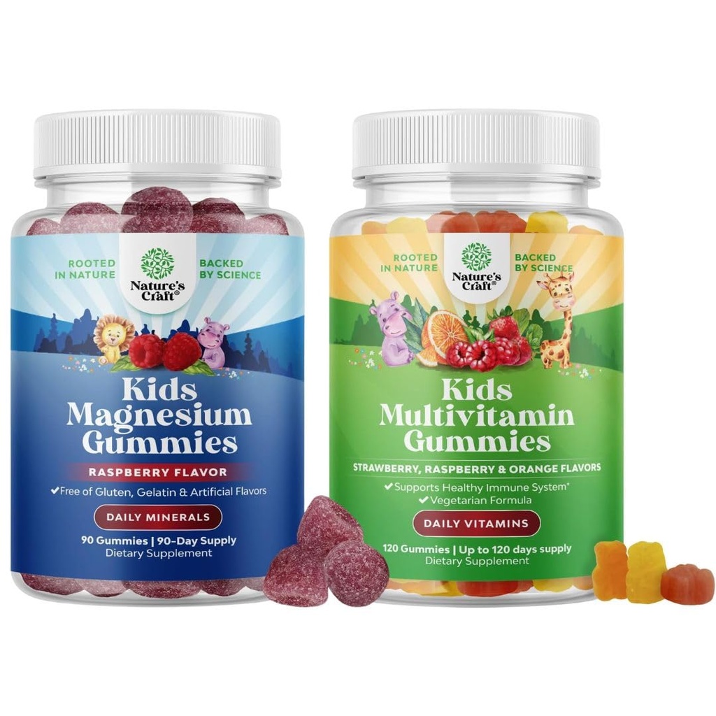Bundle of Kids Magnesium Gummies - Supplement for Nerve Health, Muscles & Healthy Heart Support, and Plant Based Kids Multivitamin Gummies - Multivitamin for Immunity Support with Vitamins A C D3 E B