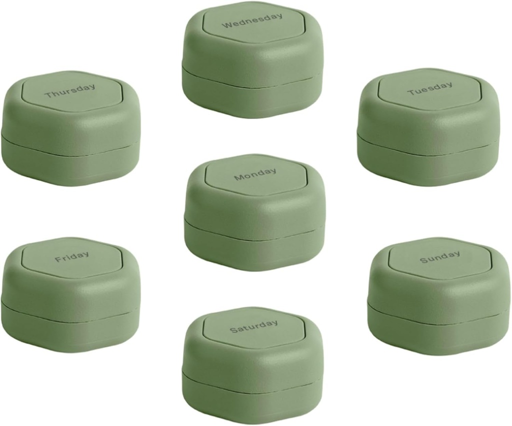 Cadence Travel Containers - Pill Case Set - Magnetyczne Kapsułki Podróże, Codzienne Medicine Organizer for Pills, Suplementy, & Witaminy - 7 Flex Smalls (0.56oz) dla Weekly Pill Organizer - Eucalyptus