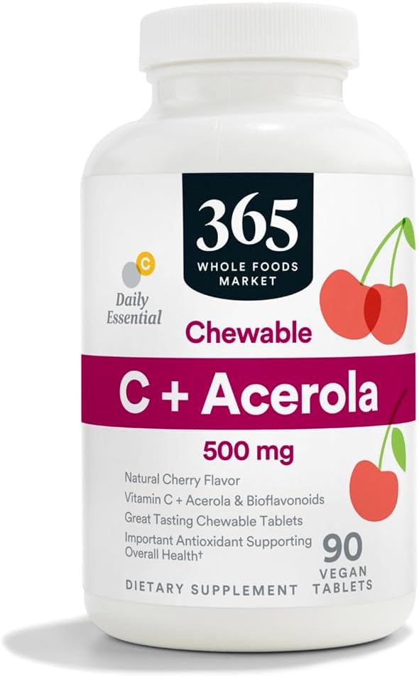 365 par marché des aliments entiers, Chewable C + Acerola C 500mg, saveur de cerise naturelle, végétalien, 90 comprimés