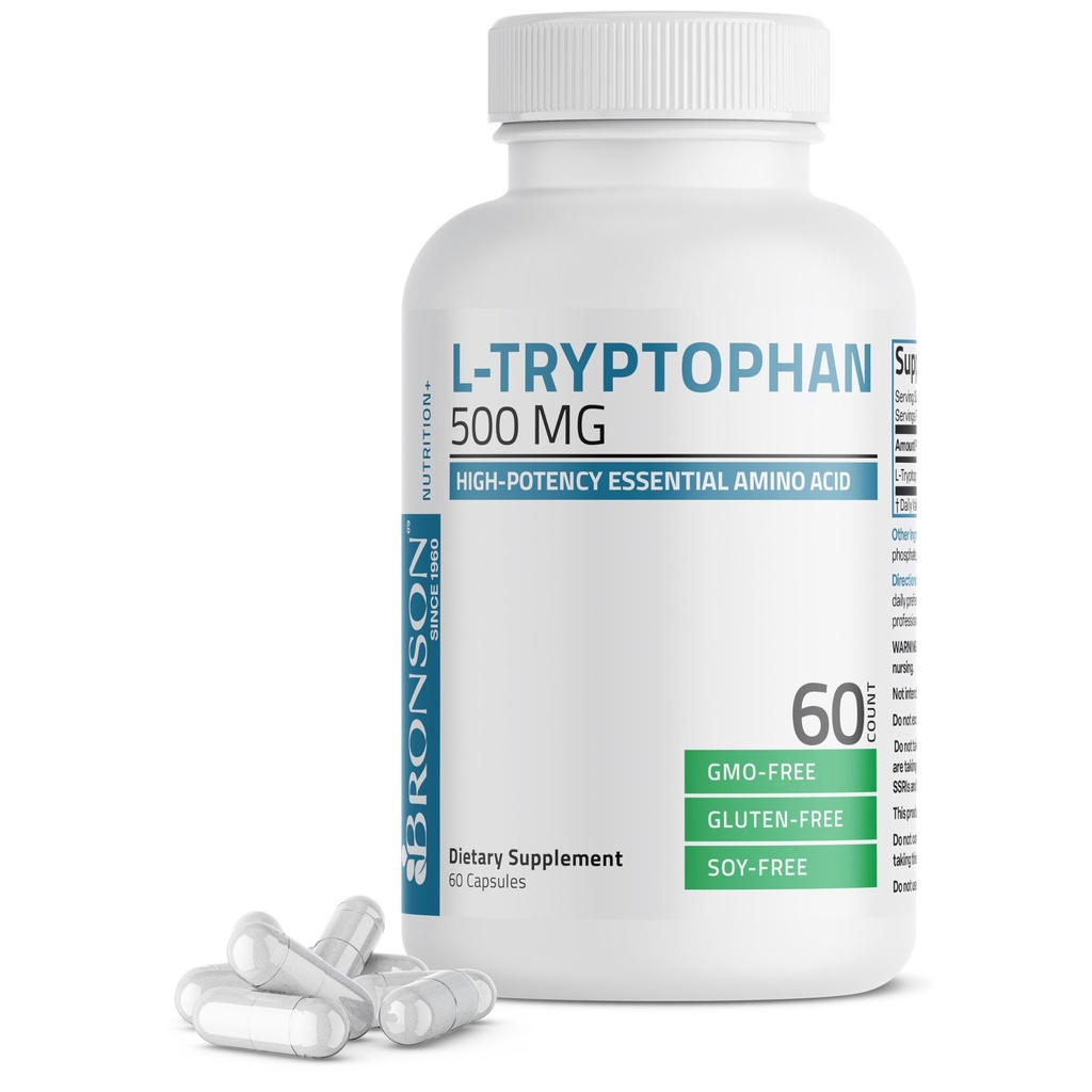 Bronson L-Tryptophan 500 MG High Potency Essential Amino Acid Supports Relaxation & Positive Mood Support Non-GMO, 60 Capsules