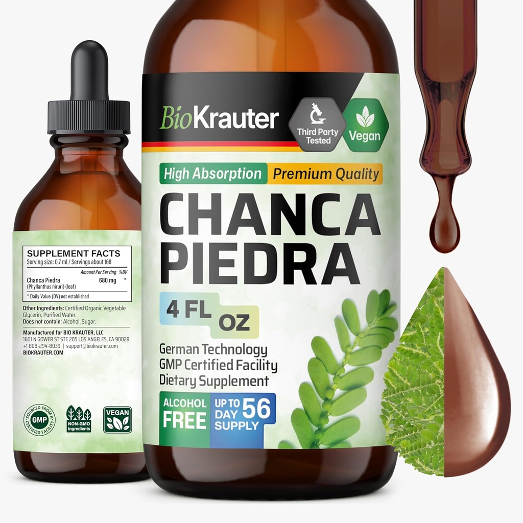 BIO KRAUTER Chanca Piedra Tincture - Natural Kidney Health Support Liquid - Chanca Piedra Stone Breaker & Gallbladder Cleanse Formel - Vegan, alkohol och sockerfri droppar - 4 oz