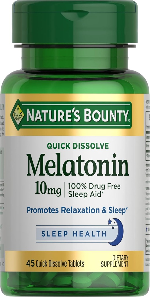 Bounty Melatonin, 100% Droga Dormire gratuito, Integratore alimentare, promuove Rilassamento e salute del sonno, 10mg, 45 compresse dissolve rapide