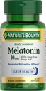 A melatonina Bounty da natureza, 100% de axuda ao sono libre de drogas, Suplemento dietético, promove a relaxación e saúde do sono, 10mg, 45 comprimidos de disolución rápida.