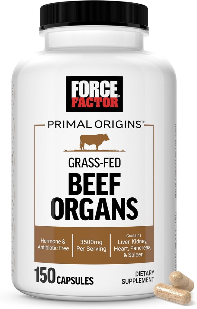 FORCE FACE Primal Origins Fed Beef Organs, Pasture- Dibesarkan Suplemen dengan Liver, Ginjal, Heart, Pankreas & Spleen, Hormone & Antibiotic Free, Non-GMO, 3500mg, 150 Capsules