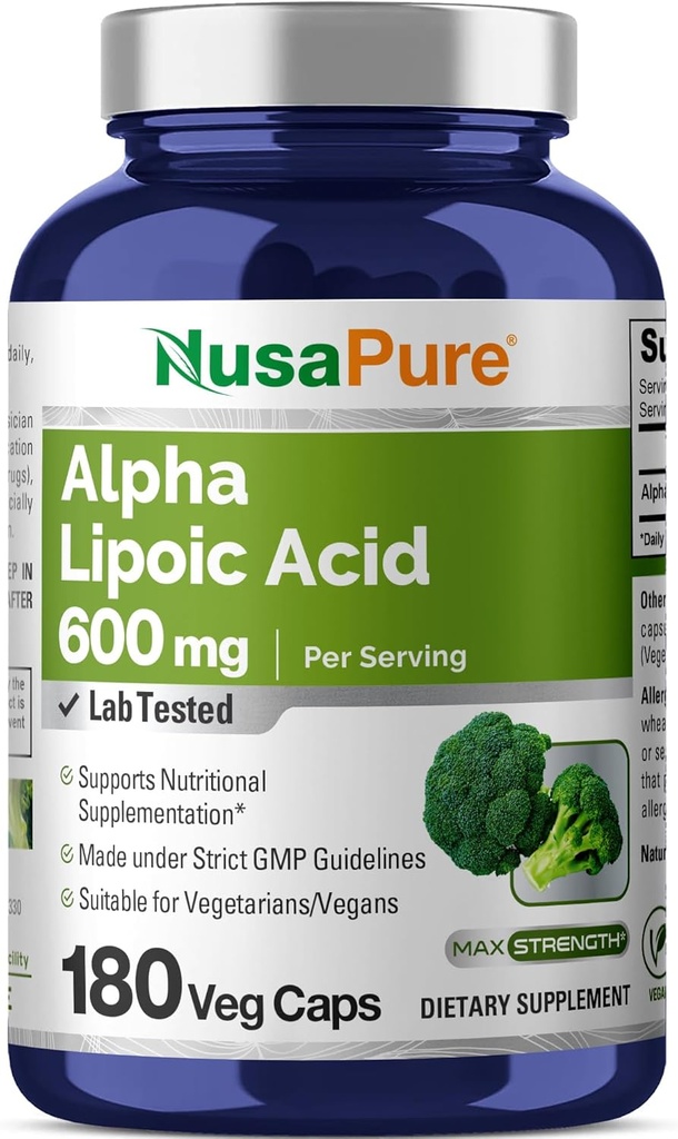 NusaPure Alpha Lipoic Acid 600 mg por serviço 180 Cápsulas Veggie (Vegetariano, Não-GMO, Vegan)