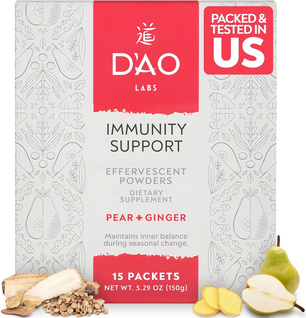 D 'AO Labs Immunitet Support - Immunitet Boost - Effervescent Immunity Support Powder - Yu Ping Feng San Traditional Chinese Herbal - Effervescent Powder with Pear- Ginger Flavor - 15 Indywidualne służby