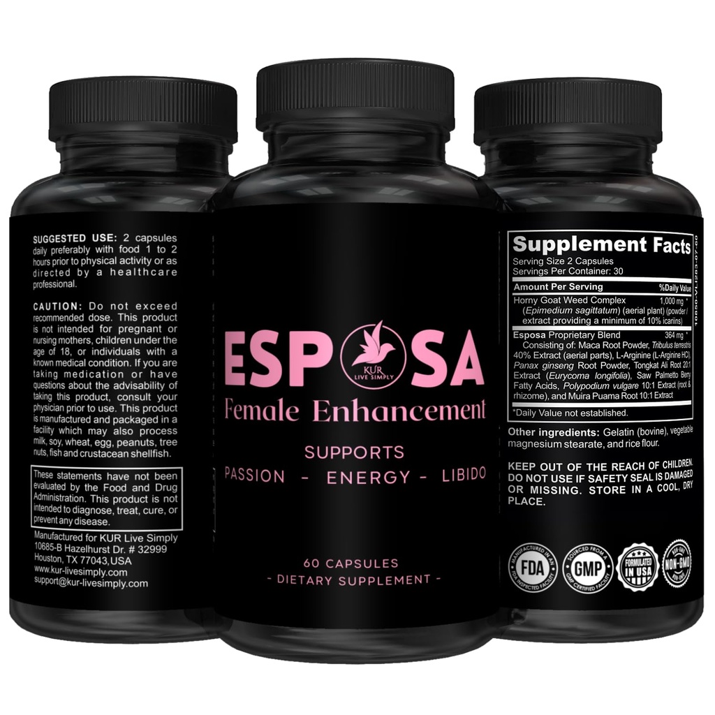 Esposa Female Libido Support for Women – Reignite Passion, Increase Energy & Sensitivity, Boost Mood & Desire – Made in USA Natural Female Enhancement Supplement with Horny Goat Weed – 60 Pills