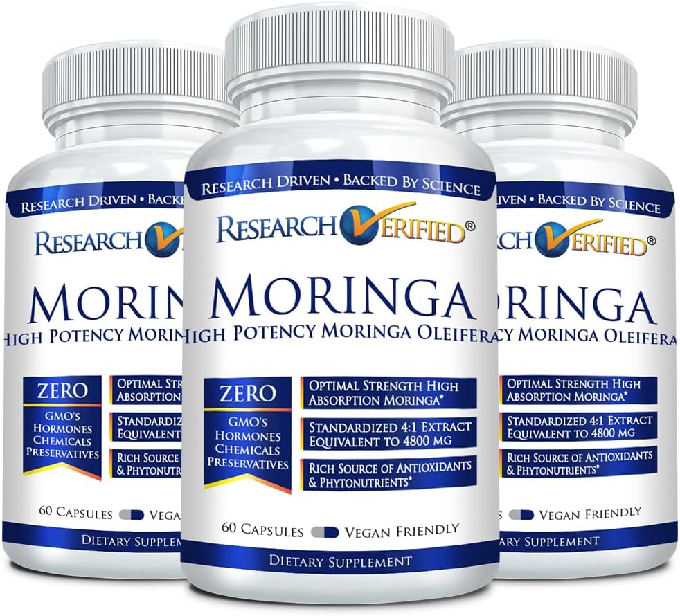 Research Verified Moringa Oleifera - 100% Pure Extract- 1200 mg Per Serving - 60 Count - 3 Month Supply
