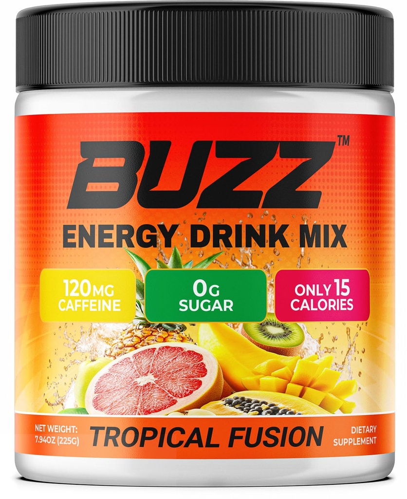 Morning Buzz Energy Drink Powder - Sugar Free Energy Drink Mix - Pre Workout Drink Mix with 18 Vitamins & Minerals, No Jitters, No Crash - Gluten Free, No Artificial Dye, Original Tropical Fusion Flavor